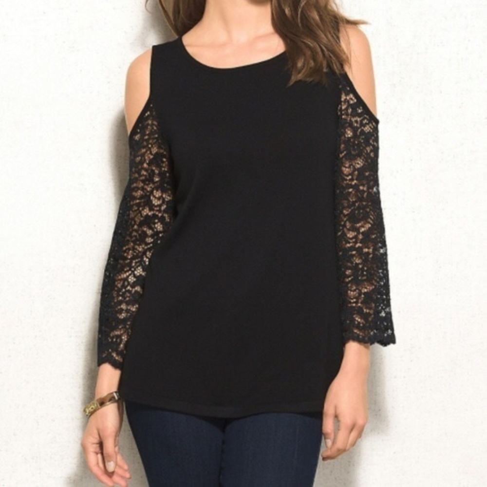 Roz & Ali Crochet Lace Sleeve Cold Shoulder Blouse Top Black Size XS